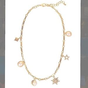 Gold-tone Crystal & imitation pearl celestial charm statement necklace 17”+2”